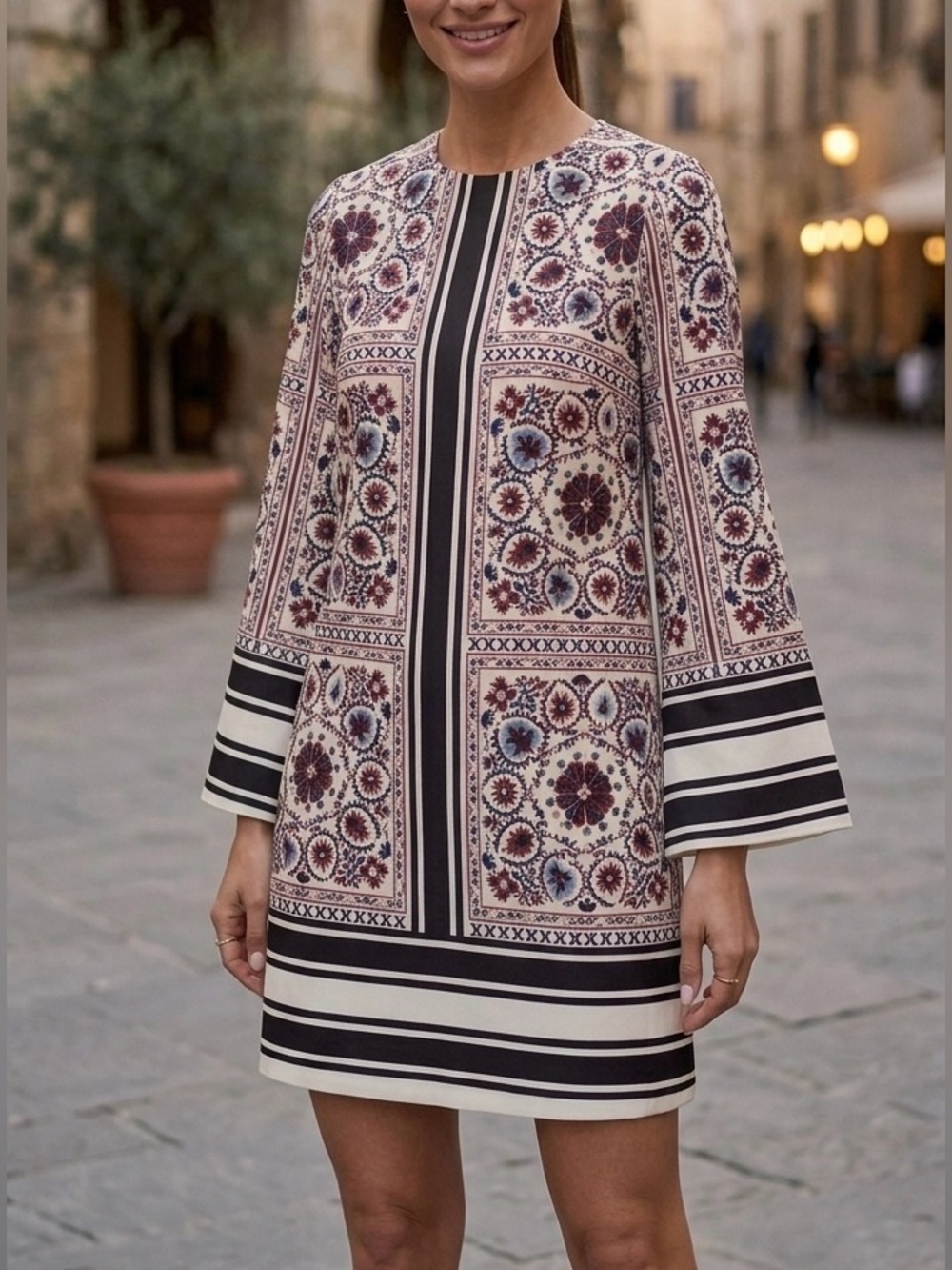 NWT Tuckernuck Jamie Long Sleeve Mini Tunic Shift Dress Tile Print Boho S⁠